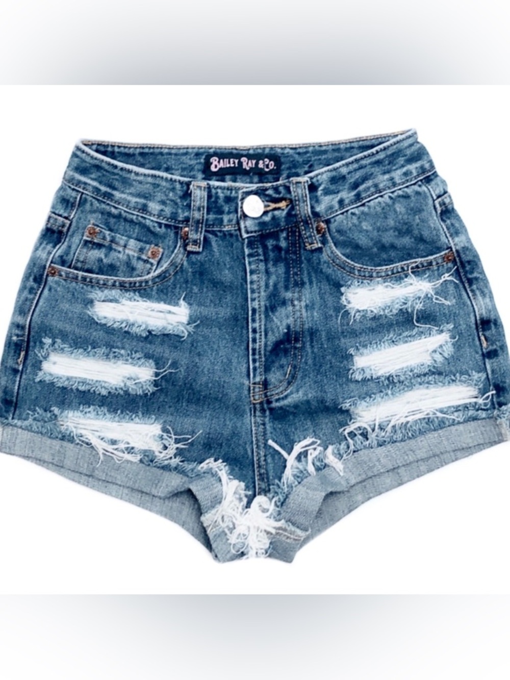 . Bailey Ray & Co Dark Wash Distressed High Waist Button Up Denim Shorts 14/31 - Picture 2 of 14